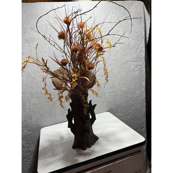 Halloween Scary Ceramic Tree Stump Face Vase Artificial Dried Flowers - Picture 7 of 12